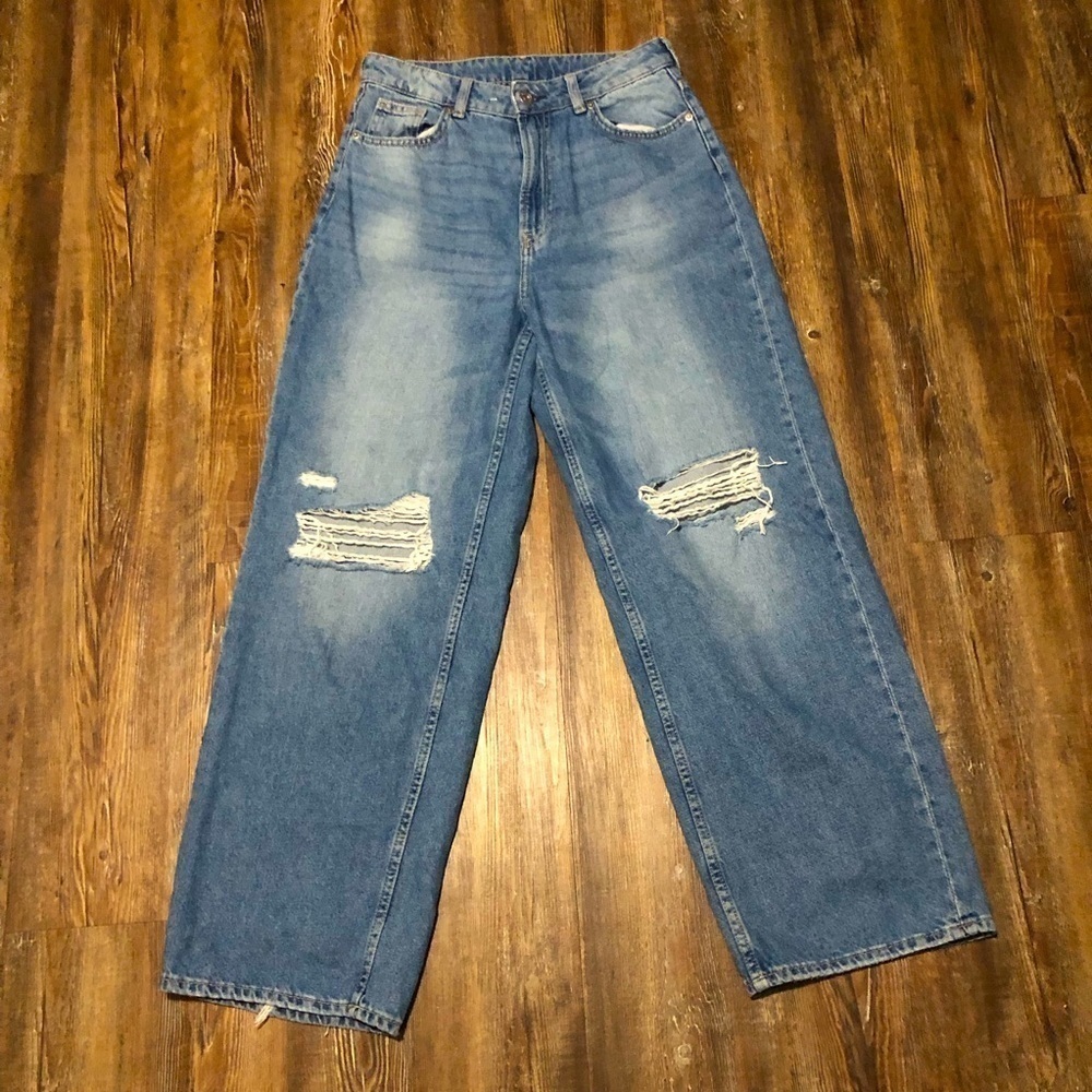 Divided H&M Baggy Jeans Women's 4 Wide Leg Distressed Torn Ripped High Rise Y2K